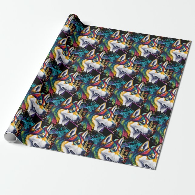 Rainbow Siberian Husky Watercolor Wrapping Paper (Unrolled)