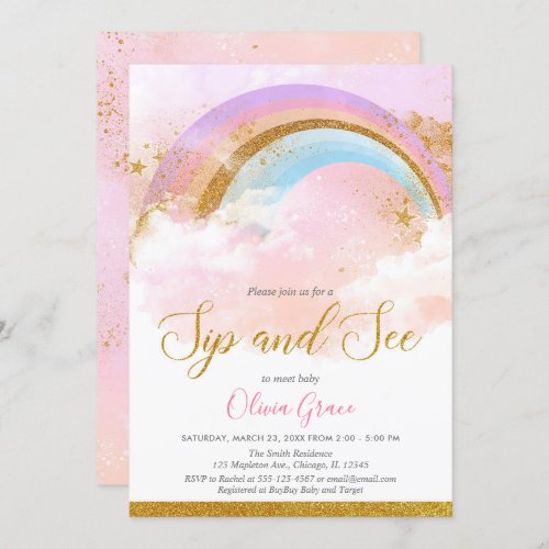 Rainbow sip and see girl pastel pink gold invitation