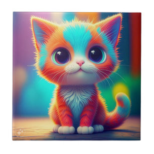 Rainbow Sitting Kitten Cartoon Art-68677 Ceramic Tile
