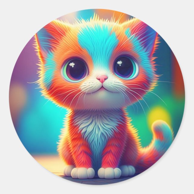 Rainbow Sitting Kitten Cartoon Art-68677 Classic Round Sticker (Front)