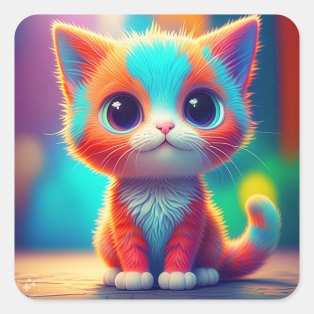 Rainbow Sitting Kitten Cartoon Art-68677 Square Sticker (Front)