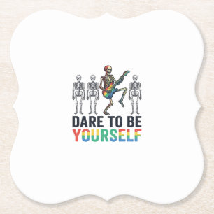 Rainbow Skeleton Dare to Be Yourself Vector Design Paper Coaster