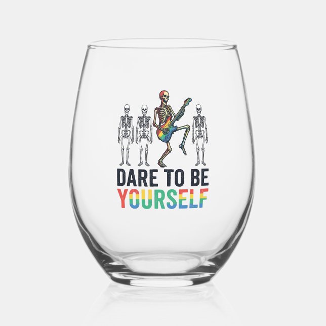 Rainbow Skeleton Dare to Be Yourself Vector Design Stemless Wine Glass (Front)