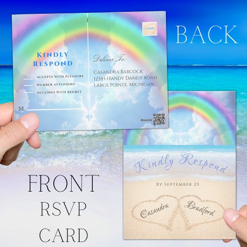 Rainbow Sky Beach Wedding RSVP Postcard