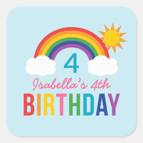 Rainbow Sky Blue Girls Birthday Party Square Sticker