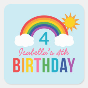 Rainbow Sky Blue Girls Birthday Party Square Sticker