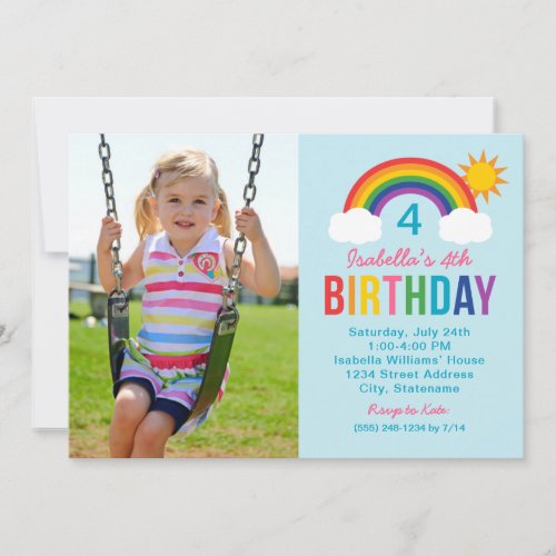 Rainbow Sky Blue Photo Girls Birthday Party Invitation