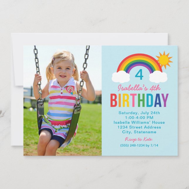 Rainbow Sky Blue Photo Girls Birthday Party Invitation (Front)