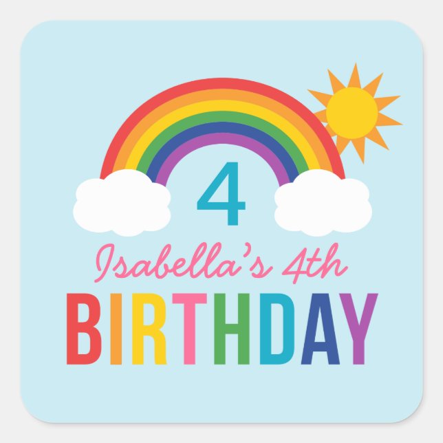 Rainbow Sky Girls Birthday Party Light Blue Square Sticker (Front)