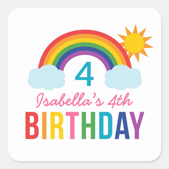 Rainbow Sky Girls Birthday Party White Square Sticker (Front)
