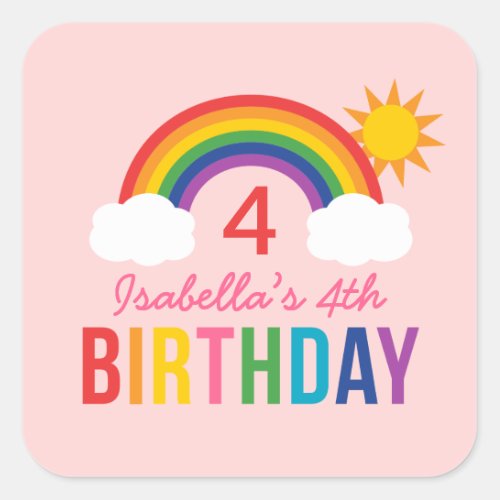 Rainbow Sky Light Pink Girls Birthday Party Square Sticker