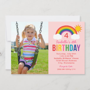 Rainbow Sky Pink Photo Girls Birthday Party Invitation