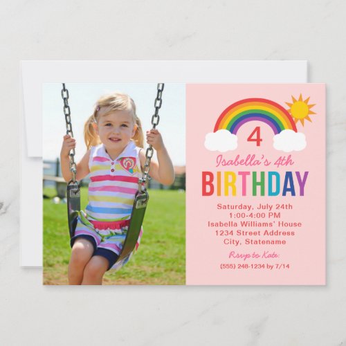 Rainbow Sky Pink Photo Girls Birthday Party Invitation