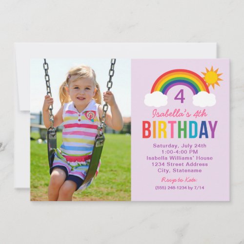 Rainbow Sky Purple Photo Girls Birthday Party Invitation