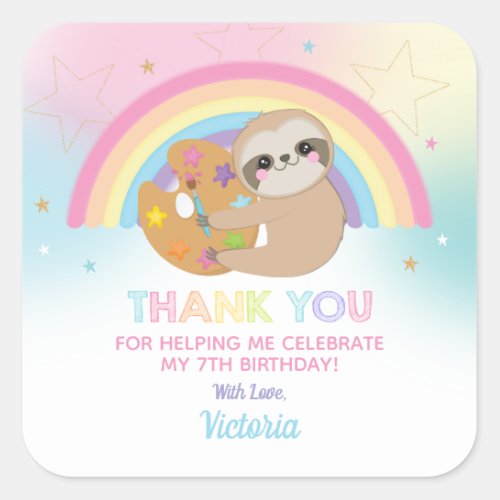 Rainbow Sloth Art Party Birthday Thank You Favor Square Sticker