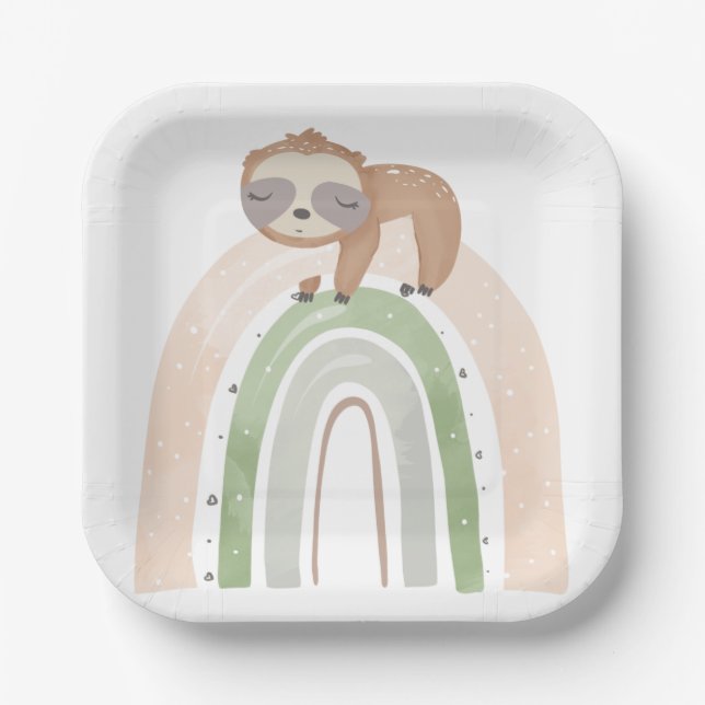 Rainbow Sloth Baby Shower Paper Plates (Front)