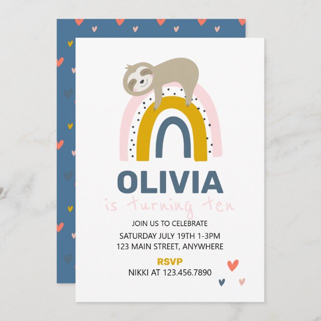 Rainbow Sloth Birthday Party Invite (Front/Back)