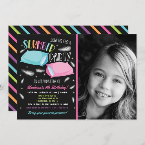 Rainbow Slumber Party Sleepover Photo Birthday Invitation