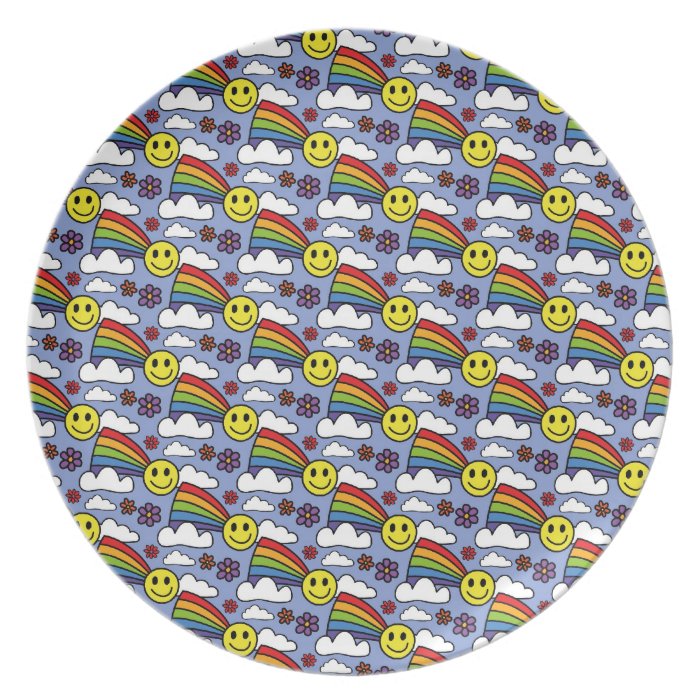 Rainbow Smiley Face and Flowers Hippie Pattern Dinner Plates