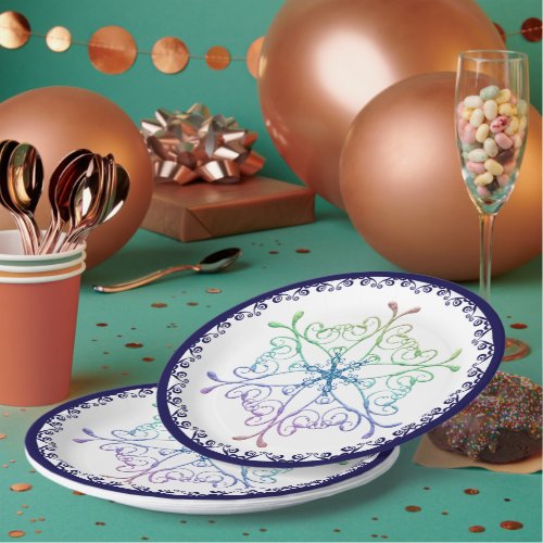 Rainbow Snowflake Blue Trim Holiday Paper Plates