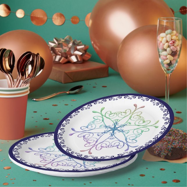 Rainbow Snowflake Blue Trim Holiday Paper Plates (Multi)