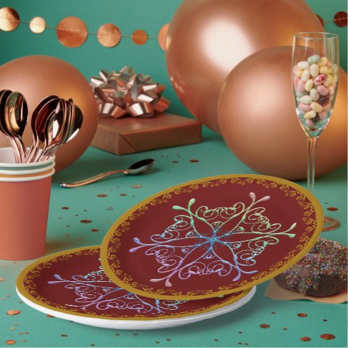 Rainbow Snowflake Gold Trim Holiday Paper Plates