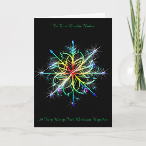 Rainbow Snowflake Lesbian Newly Wed 1st Christmas Holiday Card