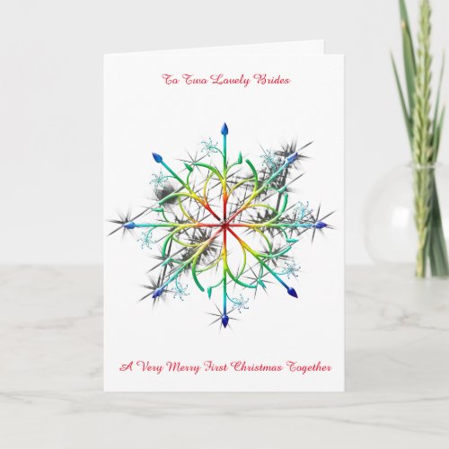 Rainbow Snowflake Lesbian Newly Wed 1st Christmas Holiday Card