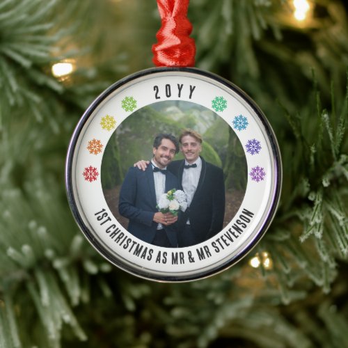 Rainbow Snowflakes LGBT First Christmas Married Metal Ornament