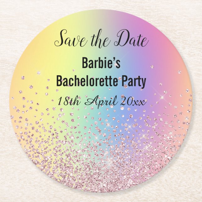 RAINBOW SPARKL ELEGANT SAVE THE DATE  Bachelorette Round Paper Coaster (Front)