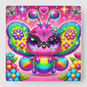 Rainbow Sparkle Butterfly Square Wall Clock