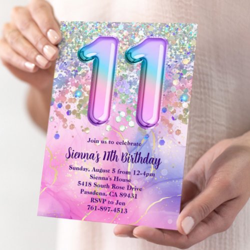 Rainbow Sparkle Glitter 11th Birthday Party Invitation