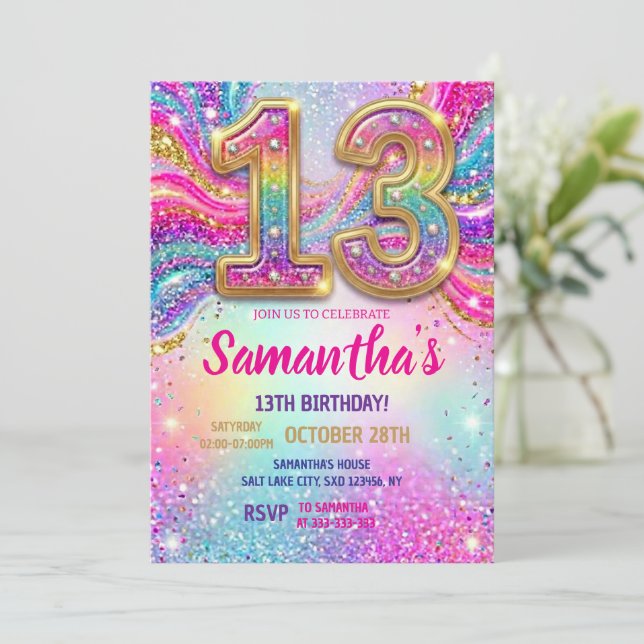 Rainbow Sparkle Glitter 13th Birthday Party Invitation (Standing Front)