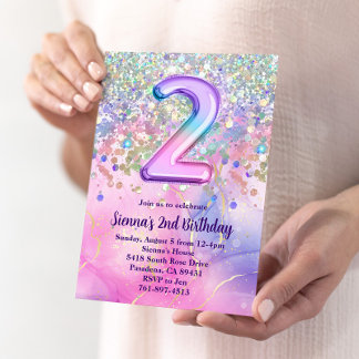 Rainbow Sparkle Glitter 2nd Birthday Party Invitation