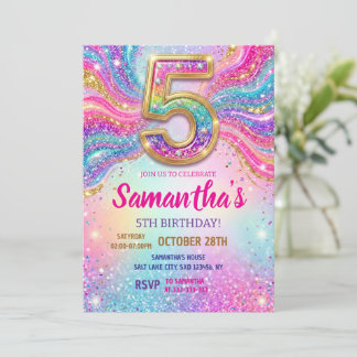 Rainbow Sparkle Glitter 5th Birthday Party Invitation