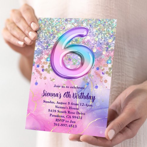 Rainbow Sparkle Glitter 6th Birthday Party Invitation