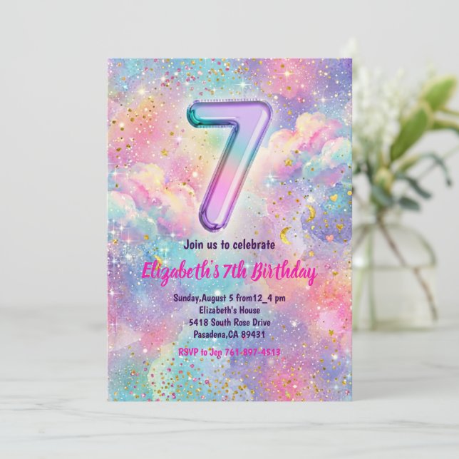 Rainbow Sparkle Glitter 7th Birthday Party Invitation (Standing Front)