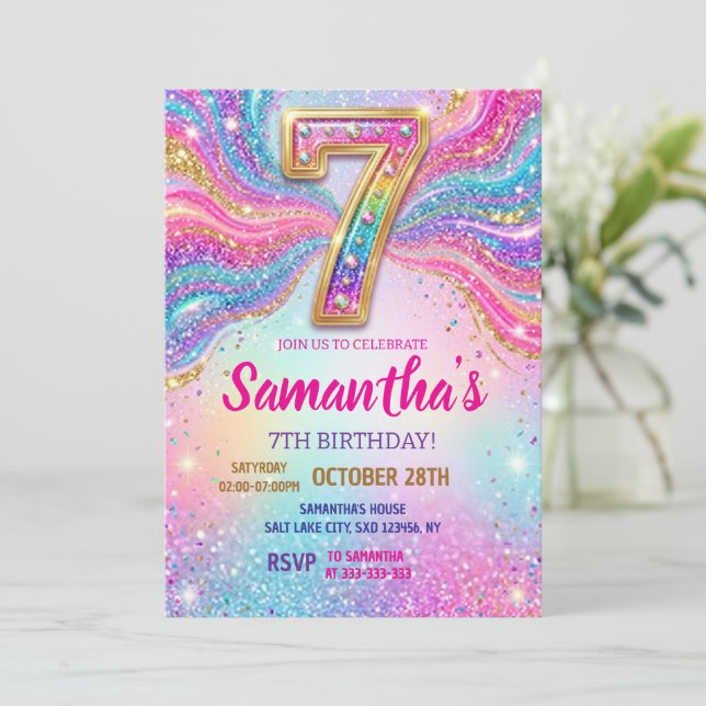 Rainbow Sparkle Glitter 7th Birthday Party Invitation (Standing Front)