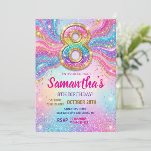 Rainbow Sparkle Glitter 8th Birthday Party Invitation