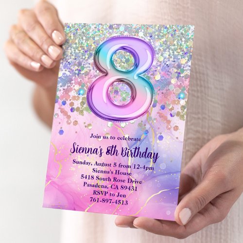 Rainbow Sparkle Glitter 8th Birthday Party Invitation