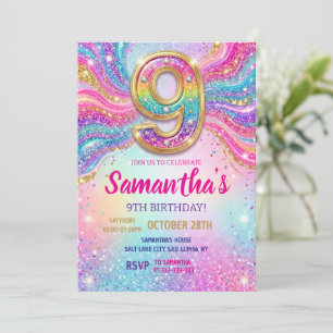 Rainbow Sparkle Glitter 9th Birthday Party Invitation