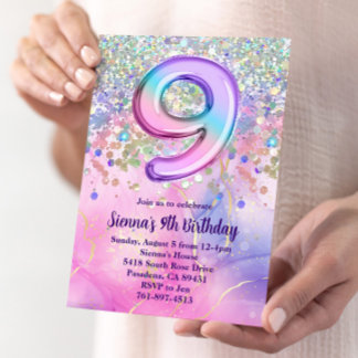 Rainbow Sparkle Glitter 9th Birthday Party Invitation