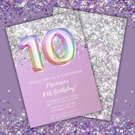 Rainbow Sparkle Glitter Girl 10th Birthday Party Invitation