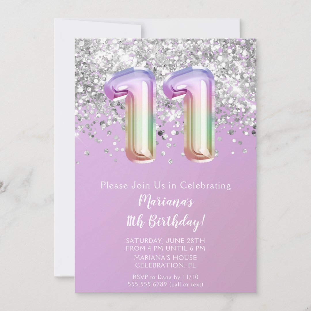Rainbow Sparkle Glitter Girl 11th Birthday Party Invitation Zazzle