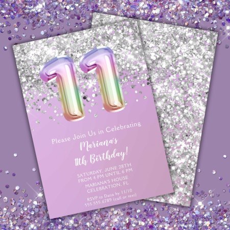 Rainbow Sparkle Glitter Girl 11th Birthday Party Invitation