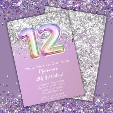 Rainbow Sparkle Glitter Girl 12th Birthday Party Invitation