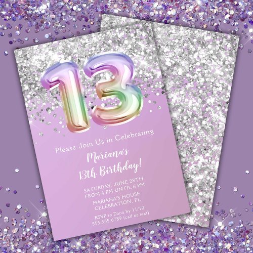 Rainbow Sparkle Glitter Girl 13th Birthday Party Invitation