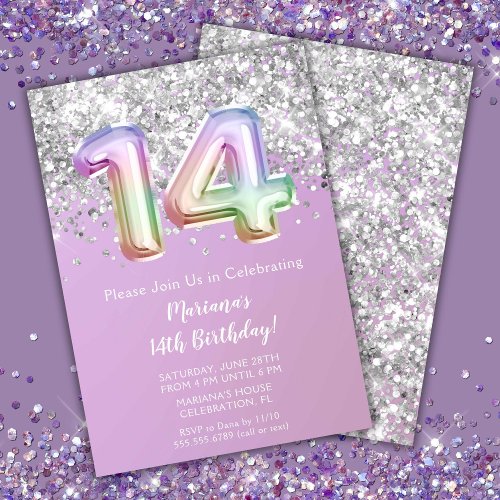 Rainbow Sparkle Glitter Girl 14th Birthday Party Invitation