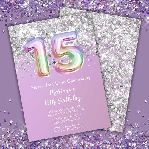 Rainbow Sparkle Glitter Girl 15th Birthday Party Invitation