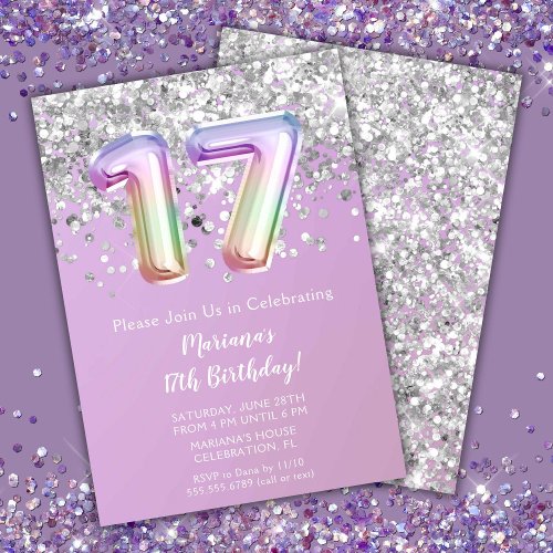 Rainbow Sparkle Glitter Girl 17th Birthday Party Invitation